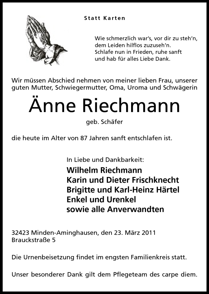  Traueranzeige für Änne Riechmann vom 26.03.2011 aus Mindener Tageblatt