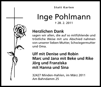 Anzeige von Inge Pohlmann von Mindener Tageblatt