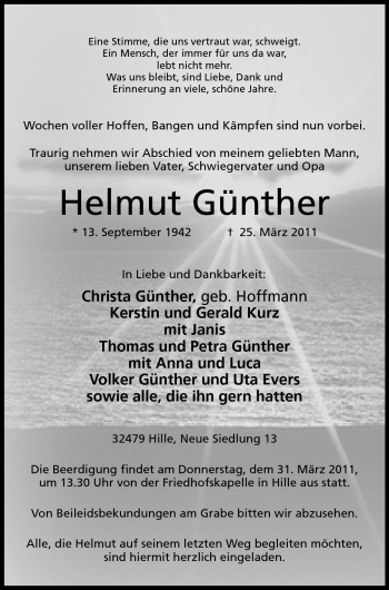 Anzeige von Helmut Günther von Mindener Tageblatt