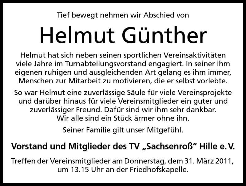  Traueranzeige für Helmut Günther vom 28.03.2011 aus Mindener Tageblatt