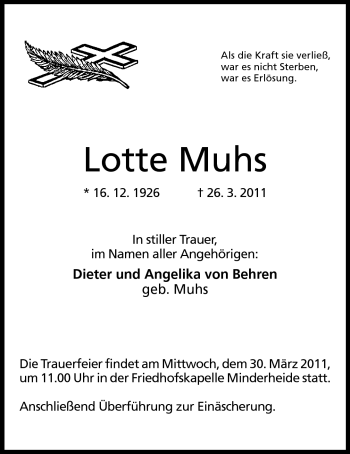 Anzeige von Lotte Muhs von Mindener Tageblatt