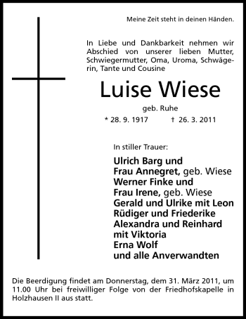 Anzeige von Luise Wiese von Mindener Tageblatt