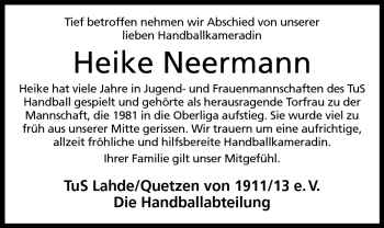 Anzeige von Heike Neermann von Mindener Tageblatt