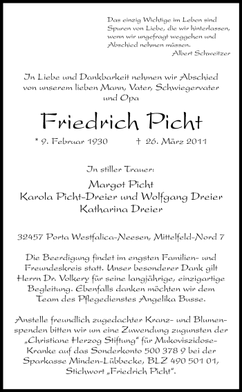 Anzeige von Friedrich Picht von Mindener Tageblatt