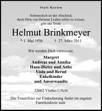 Anzeige von Helmut Brinkmeyer von Mindener Tageblatt
