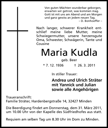 Anzeige von Maria Kudla von Mindener Tageblatt