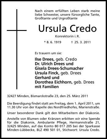 Anzeige von Ursula Credo von Mindener Tageblatt