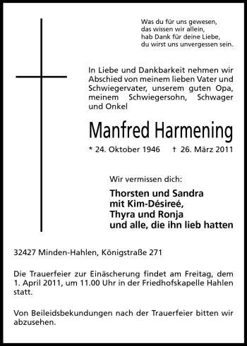 Anzeige von Manfred Harmening von Mindener Tageblatt