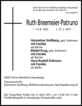 Anzeige von Ruth Breemeier-Patruno von Mindener Tageblatt