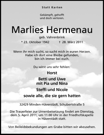 Anzeige von Marlies Hermenau von Mindener Tageblatt