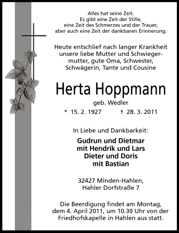 Anzeige von Herta Hoppmann von Mindener Tageblatt