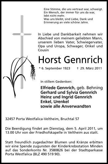 Anzeige von Horst Gennrich von Mindener Tageblatt