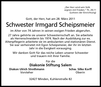 Anzeige von Irmgard Scheipsmeier von Mindener Tageblatt