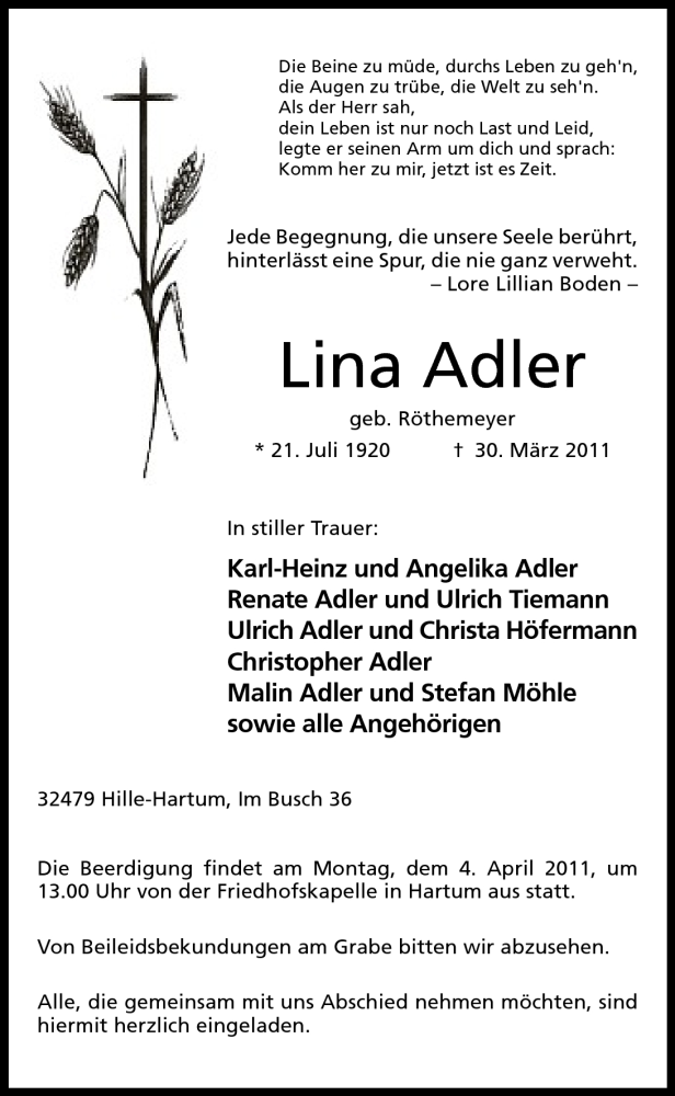  Traueranzeige für Lina Adler vom 31.03.2011 aus Mindener Tageblatt