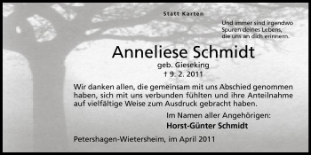Anzeige von Anneliese Schmidt von Mindener Tageblatt