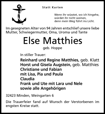 Anzeige von Else Matthies von Mindener Tageblatt