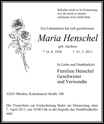 Anzeige von Maria Henschel von Mindener Tageblatt