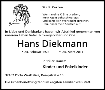 Anzeige von Hans Diekmann von Mindener Tageblatt