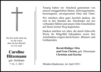 Anzeige von Caroline Hitzemann von Mindener Tageblatt