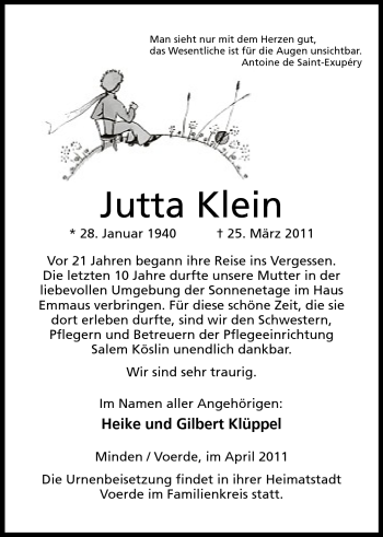 Anzeige von Jutta Klein von Mindener Tageblatt