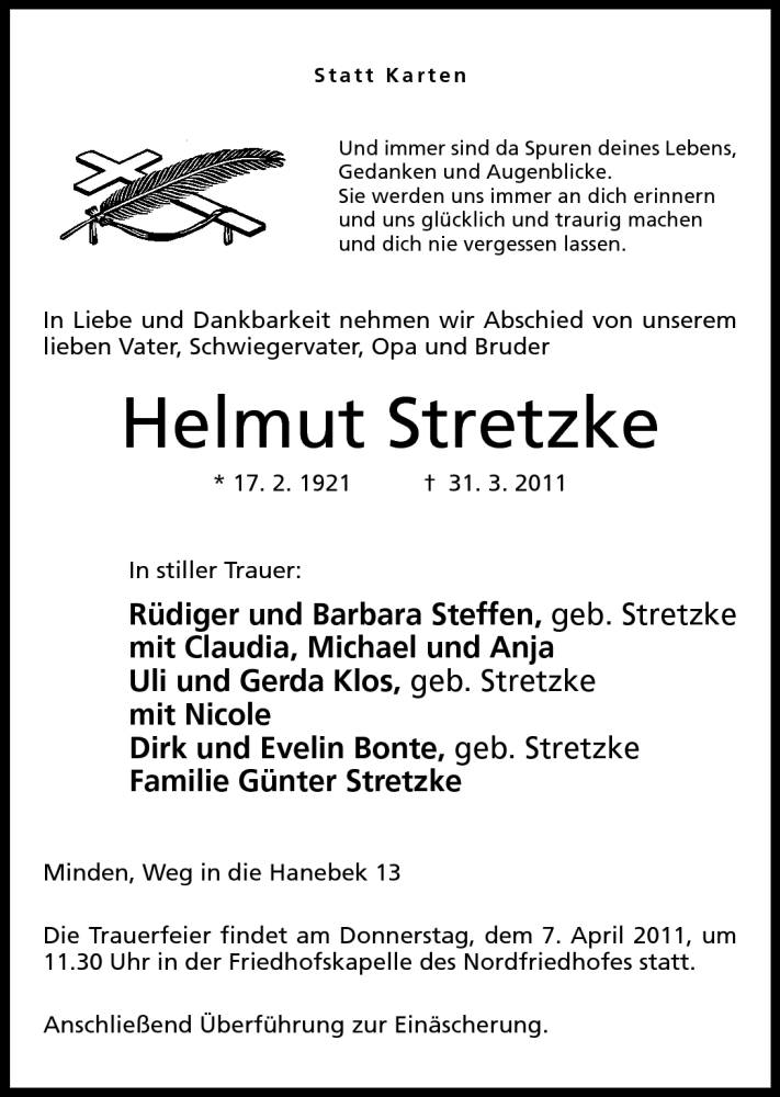  Traueranzeige für Helmut Stretzke vom 02.04.2011 aus Mindener Tageblatt