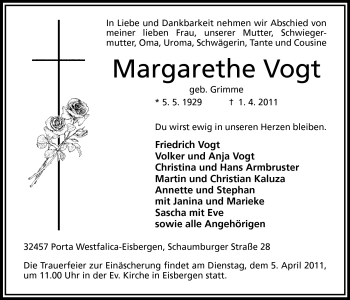 Anzeige von Margarethe Vogt von Mindener Tageblatt