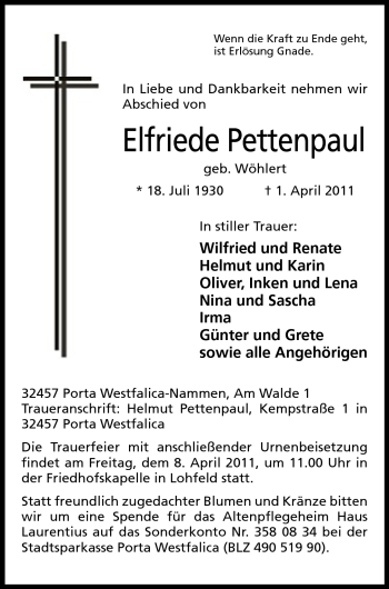 Anzeige von Elfriede Pettenpaul von Mindener Tageblatt