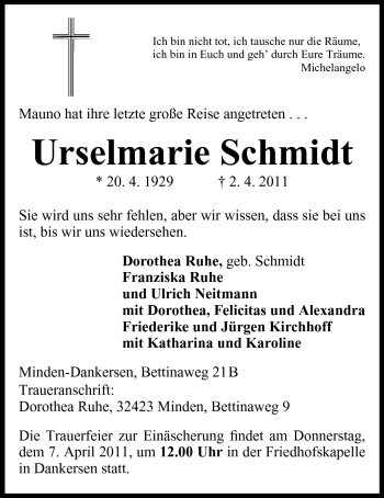 Anzeige von Urselmarie Schmidt von Mindener Tageblatt