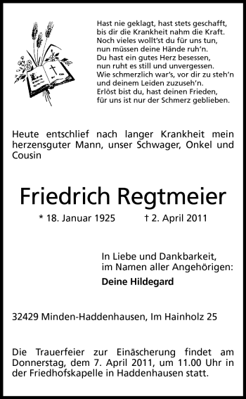 Anzeige von Friedrich Regtmeier von Mindener Tageblatt