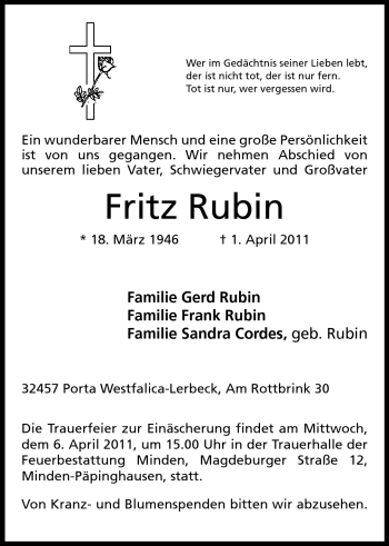 Anzeige von Fritz Rubin von Mindener Tageblatt