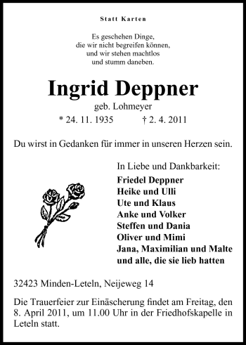 Anzeige von Ingrid Deppner von Mindener Tageblatt