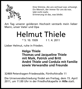 Anzeige von Helmut Thiele von Mindener Tageblatt