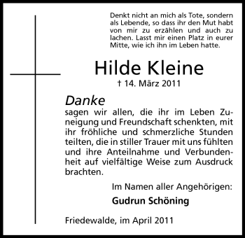 Anzeige von Hilde Kleine von Mindener Tageblatt