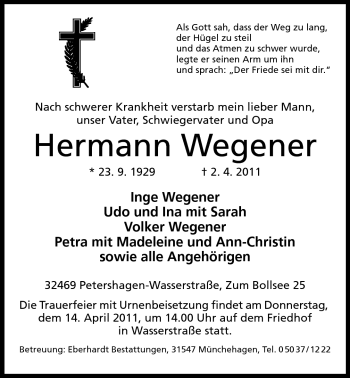 Anzeige von Hermann Wegener von Mindener Tageblatt