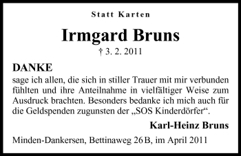 Anzeige von Irmgard Bruns von Mindener Tageblatt