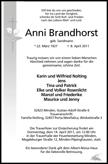 Anzeige von Anni Brandhorst von Mindener Tageblatt