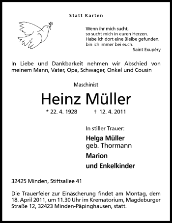 Anzeige von Heinz Müller von Mindener Tageblatt