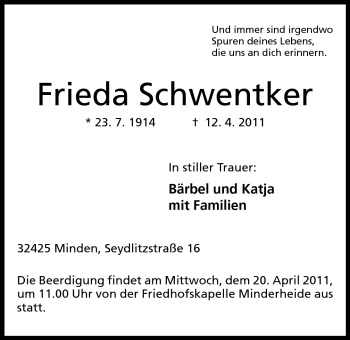 Anzeige von Frieda Schwentker von Mindener Tageblatt