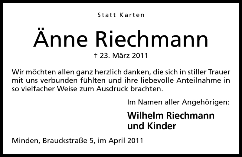  Traueranzeige für Änne Riechmann vom 22.04.2011 aus Mindener Tageblatt