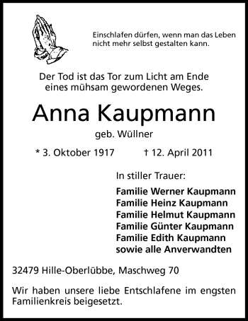 Anzeige von Anna Kaupmann von Mindener Tageblatt