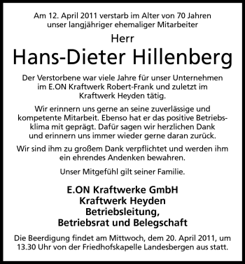 Anzeige von Hans-Dieter Hillenberg von Mindener Tageblatt