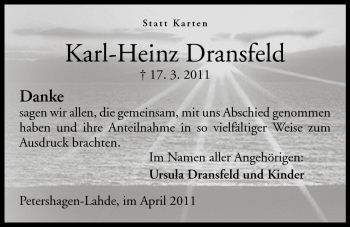 Anzeige von Karl-Heinz Dransfeld von Mindener Tageblatt