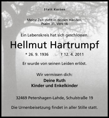Anzeige von Hellmut Hartrumpf von Mindener Tageblatt