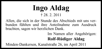 Anzeige von Ingo Aldag von Mindener Tageblatt