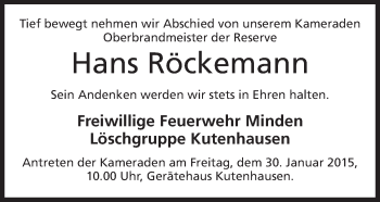 Anzeige von Hans Röckemann von Mindener Tageblatt