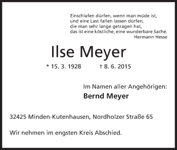 Anzeige von Ilse Meyer von Mindener Tageblatt