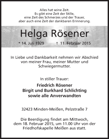 Anzeige von Helga Rösener von Mindener Tageblatt