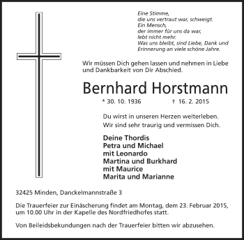Anzeige von Bernhard Horstmann von Mindener Tageblatt