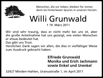 Anzeige von Willi Grunwald von Mindener Tageblatt