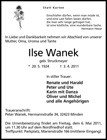 Anzeige von Ilse Wanek von Mindener Tageblatt
